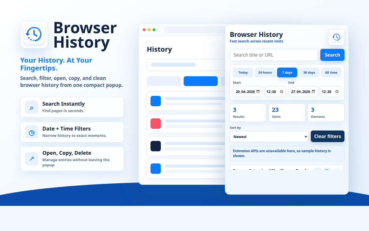 Popup-fönster för tillägg för webbläsarhistorik