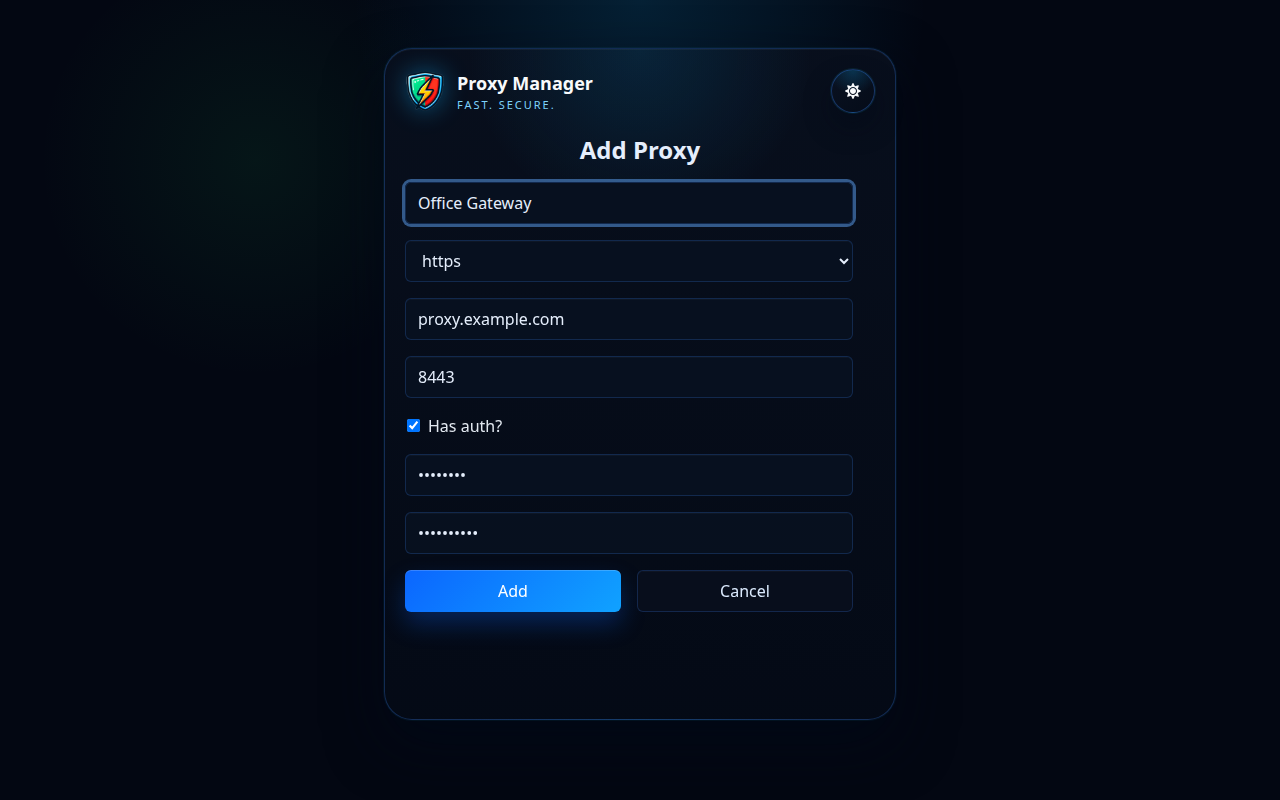 Proxy Manager lägg till proxyformulär