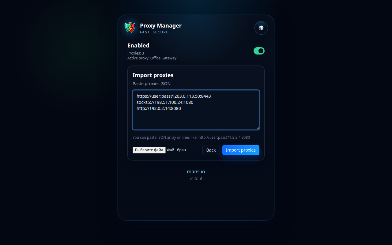 Proxy Manager importskärm
